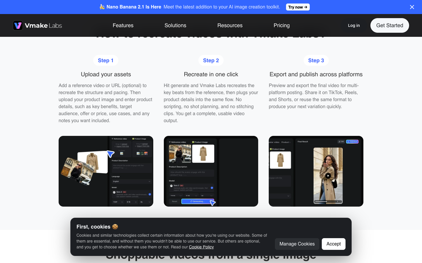 Vmake Recreate Video page showing three steps: upload assets, recreate in one click, export and publish