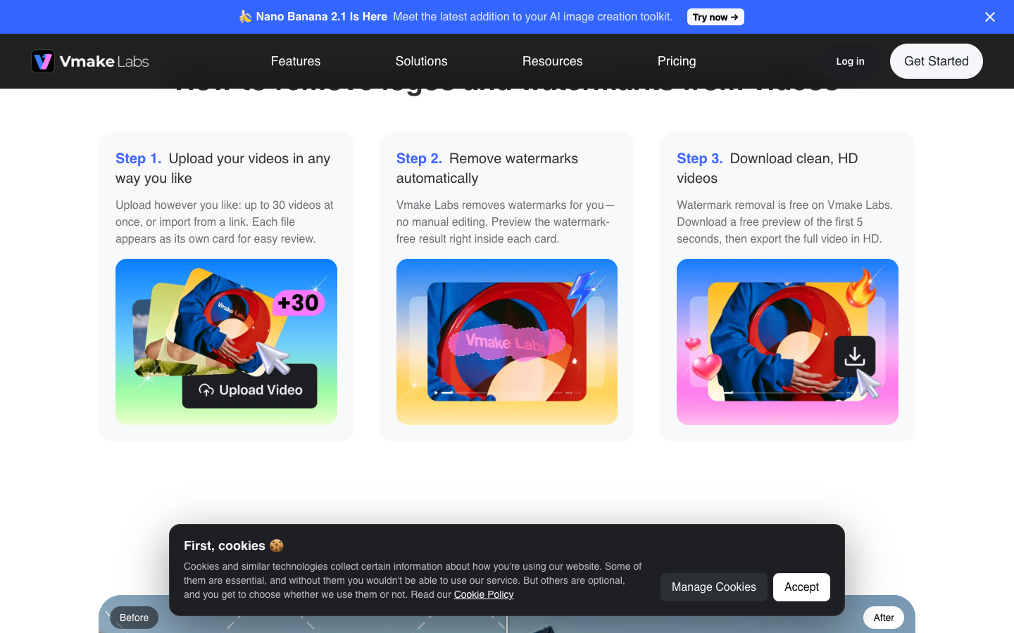 Vmake watermark remover page showing three steps: upload, remove watermarks automatically, download clean HD videos