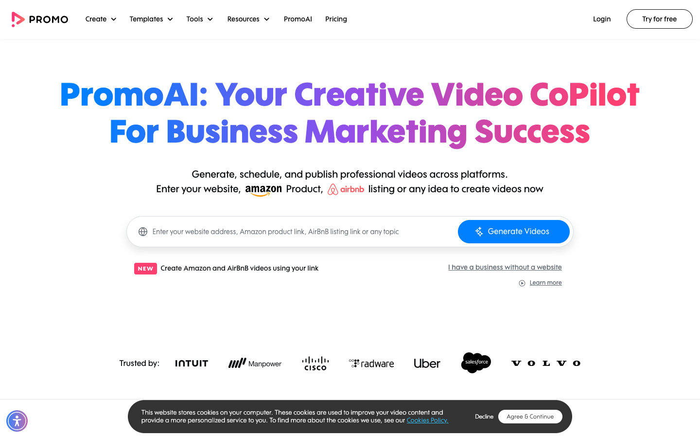 PromoAI input on the Promo.com homepage asking for your website, product, listing or any idea