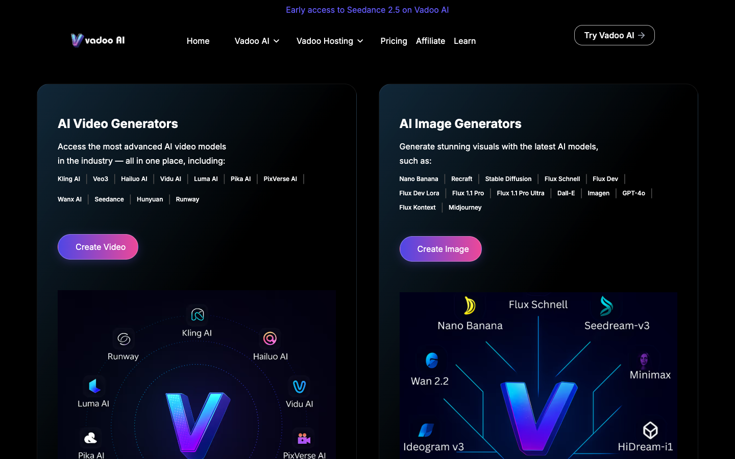 The model list on Vadoo AI's homepage