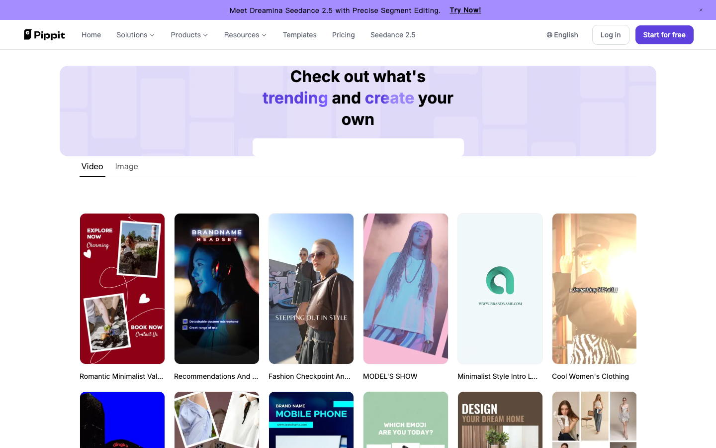 Pippit template gallery with trending video templates sorted by niche