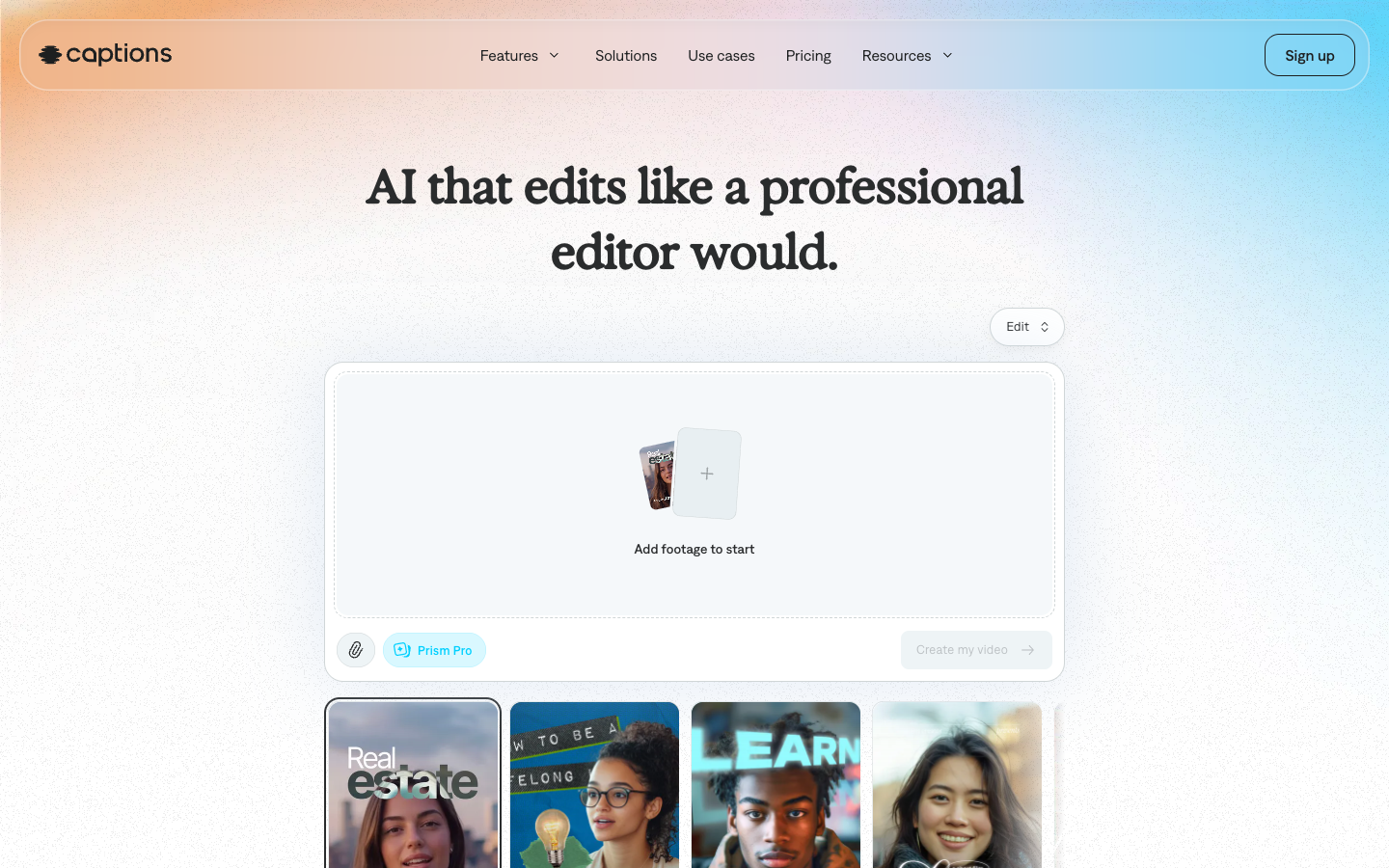 Captions homepage with an Add footage to start box and AI Edit style cards