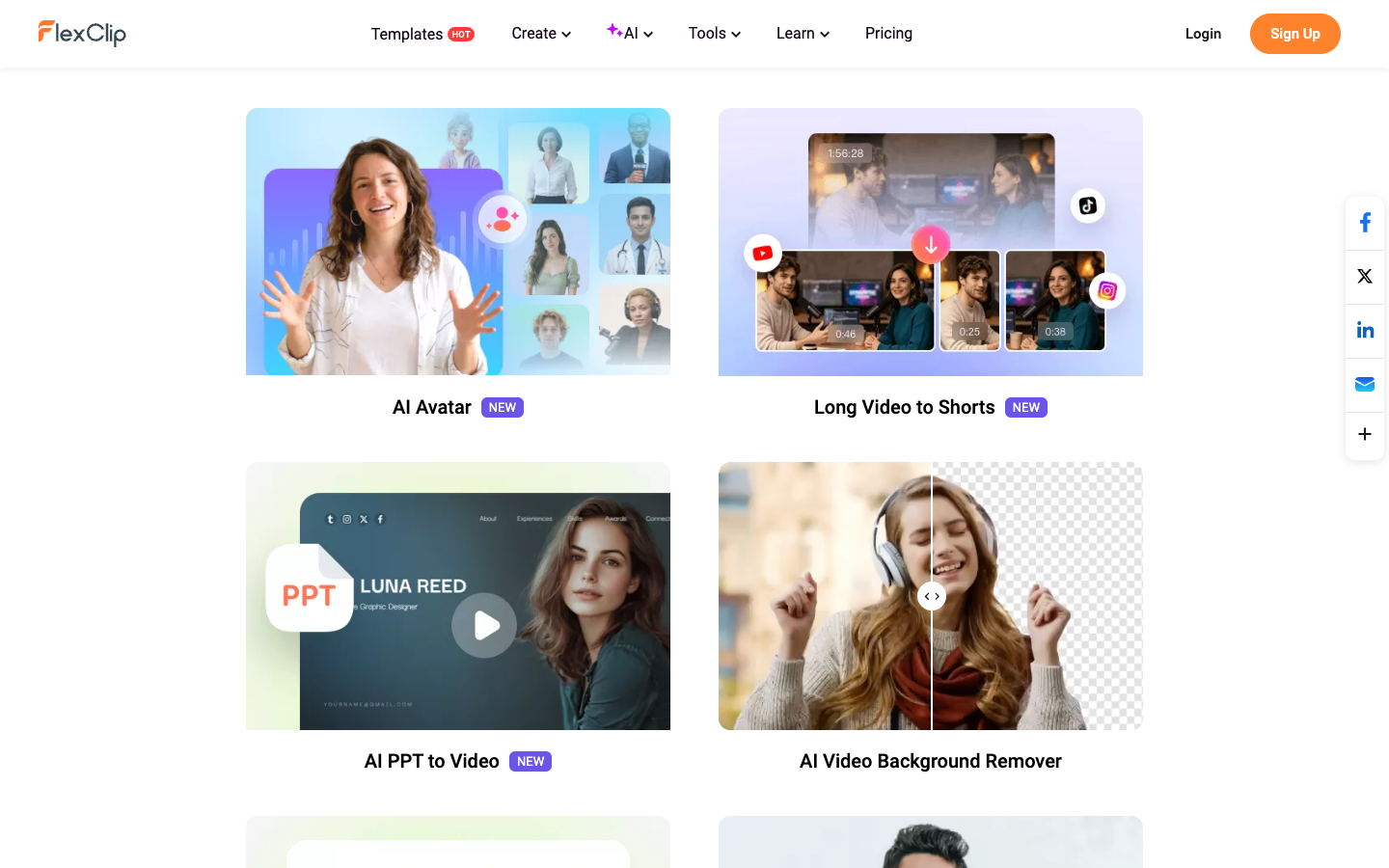 FlexClip AI tools page cards for AI Avatar, Long Video to Shorts and AI PPT to Video