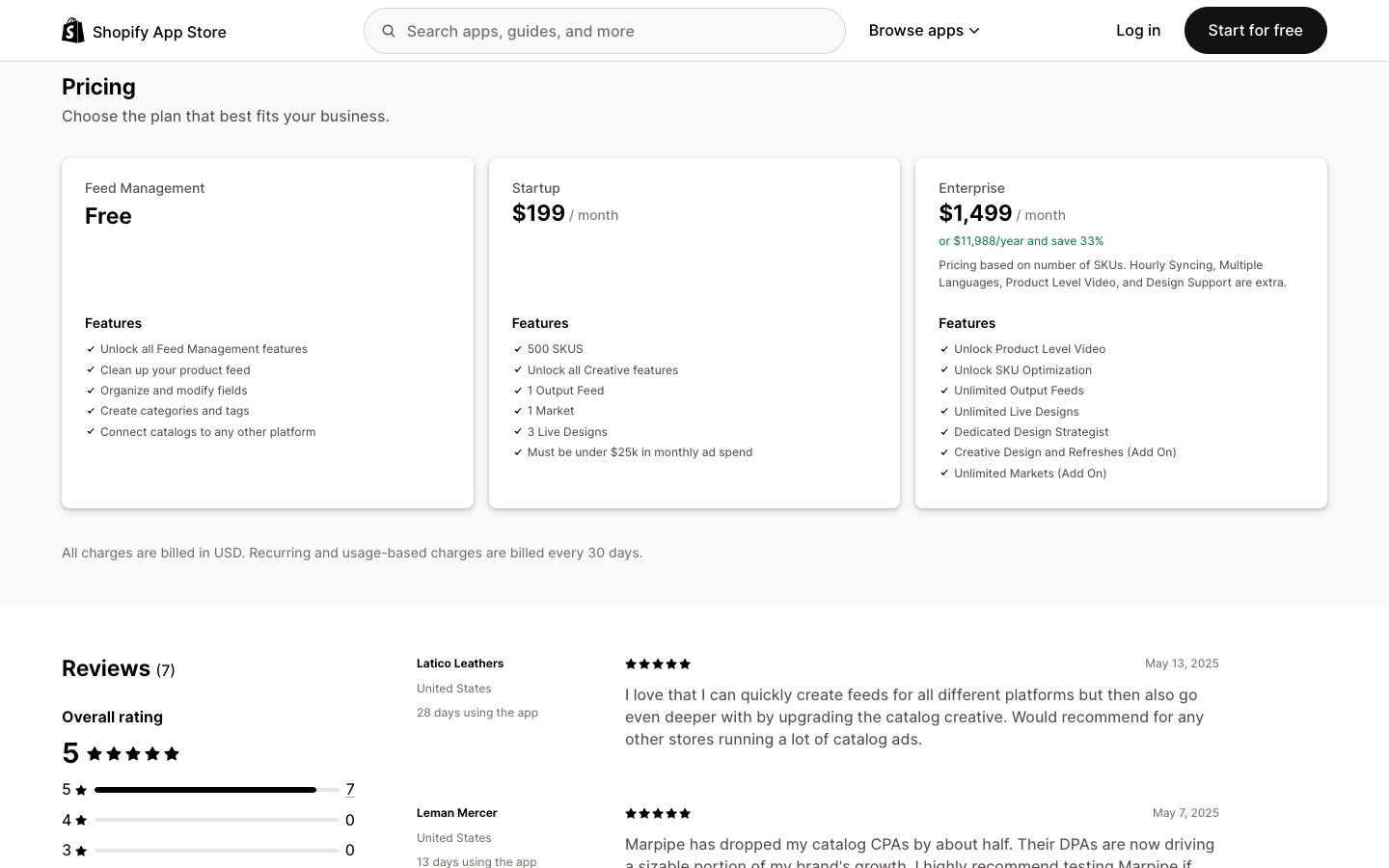 Shopify App Store pricing for Marpipe Catalog Manager: Free, Startup $199, Enterprise $1,499 a month