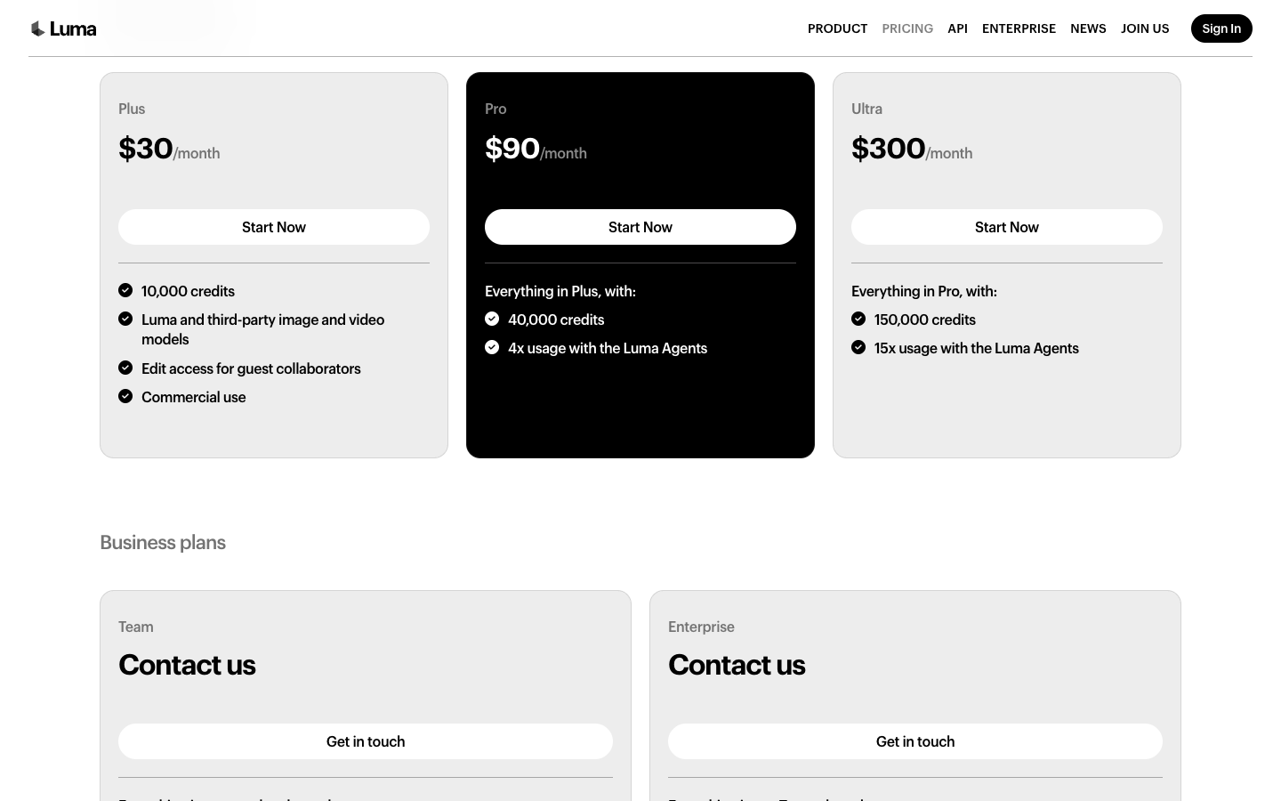 Luma individual plans showing Plus $30, Pro $90 and Ultra $300 with monthly credits