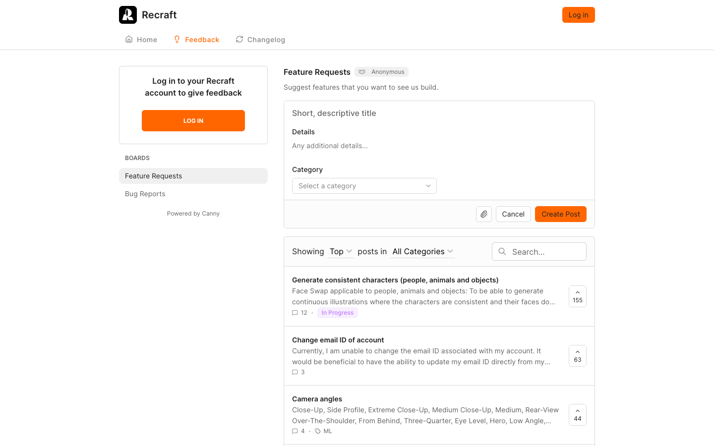 Recraft feedback board with Generate consistent characters as the top request at 155 votes