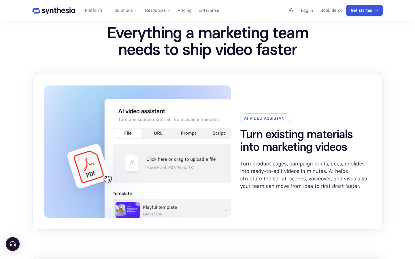 The "Everything a marketing team needs to ship video faster" section of Synthesia's marketing page