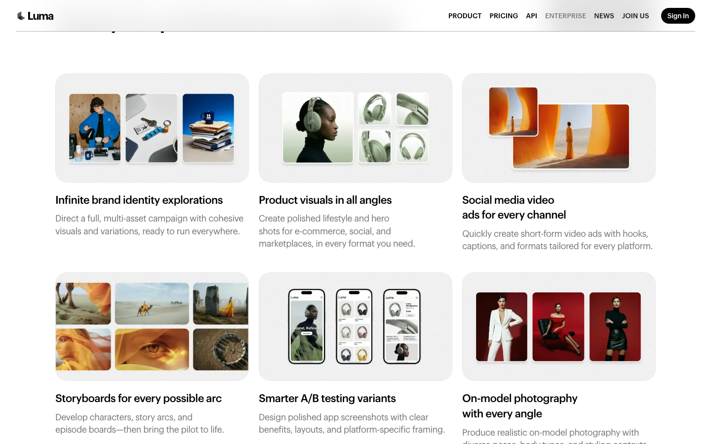 Luma enterprise page grid of professional workflow use cases including advertising video