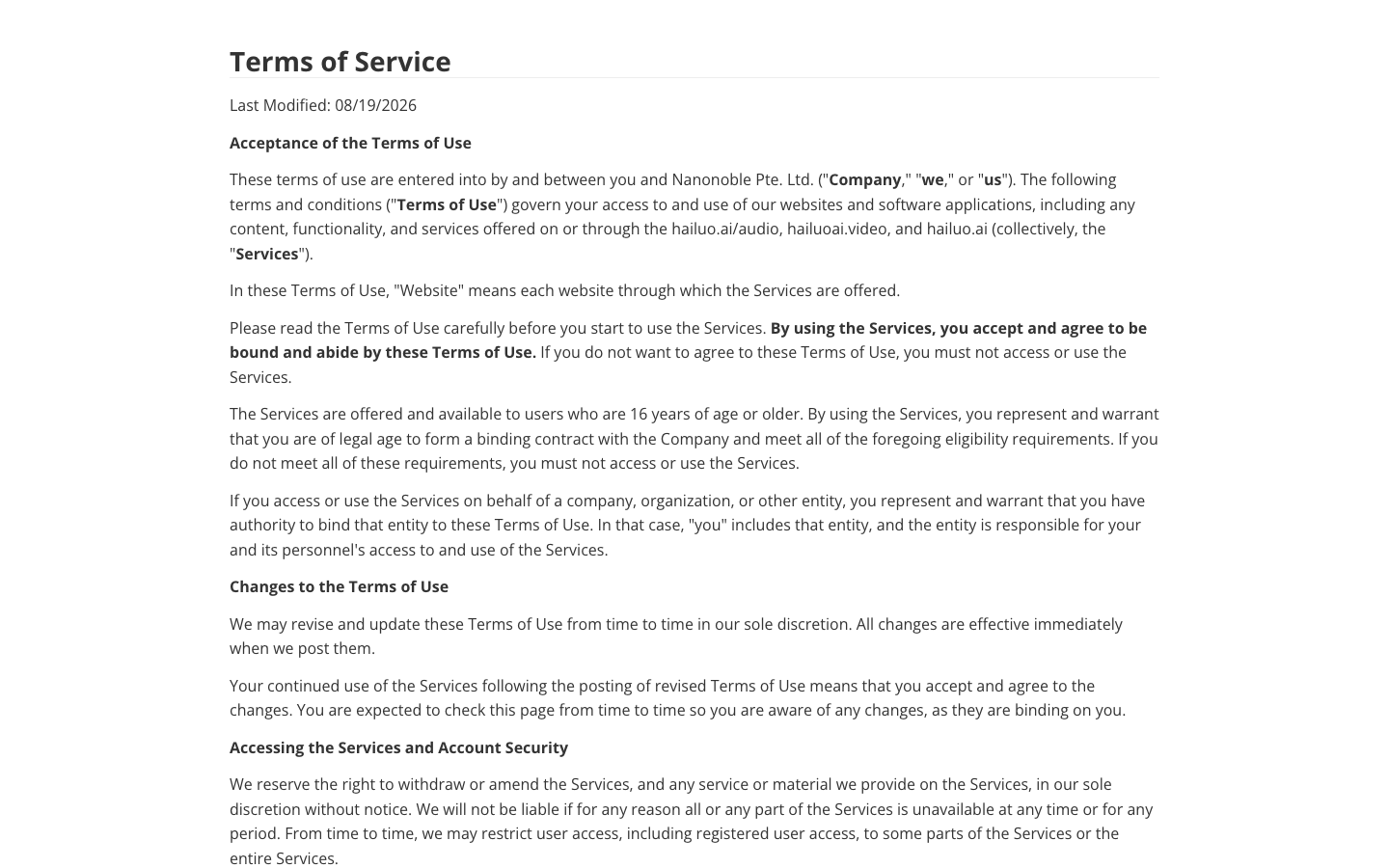 Hailuo AI Terms of Service page, last modified August 19, 2026