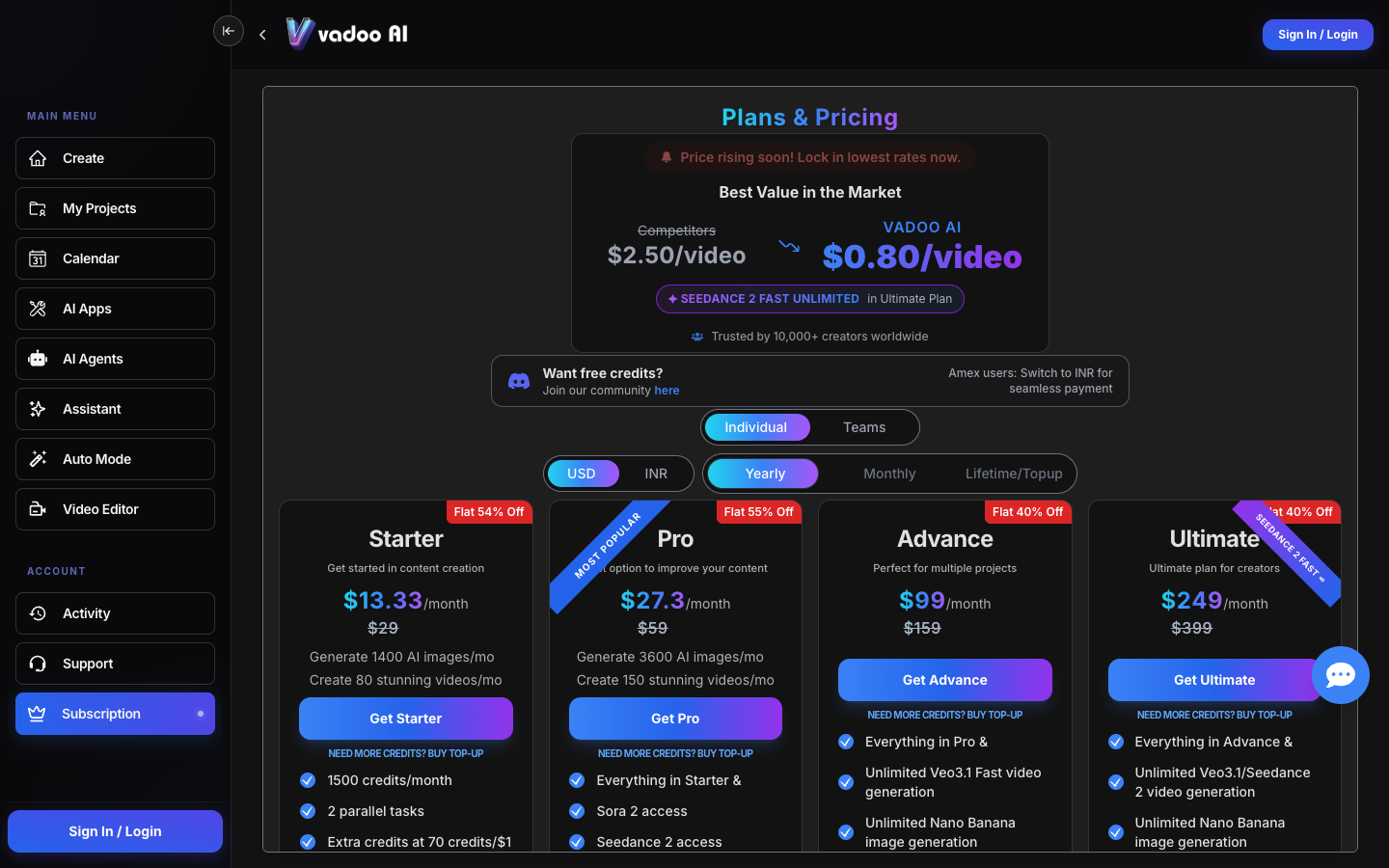 Vadoo AI's in-app pricing with the Yearly tab selected. On the Monthly tab, Starter is $19 and Pro is $39
