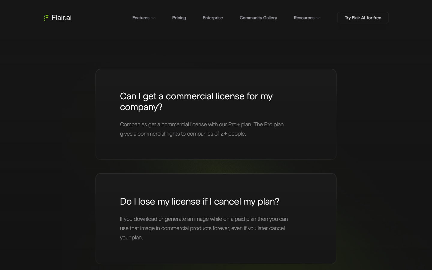 Flair AI license agreement page explaining which plan covers commercial use of images